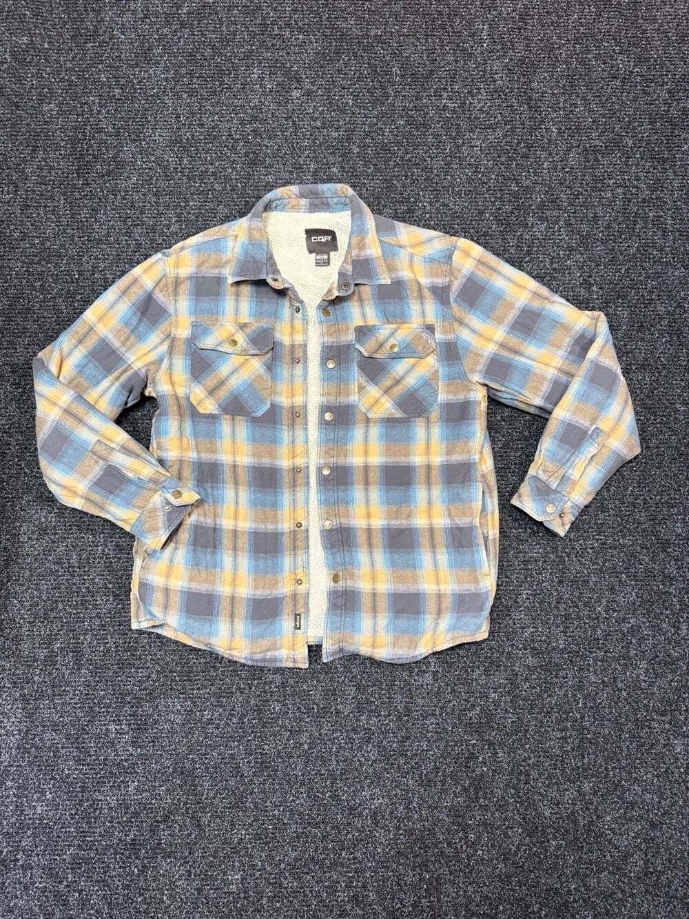 CQR Men’s Sherpa Lined Flannel Shirt Jacket Size Large Blue Yellow Plaid Cozycor